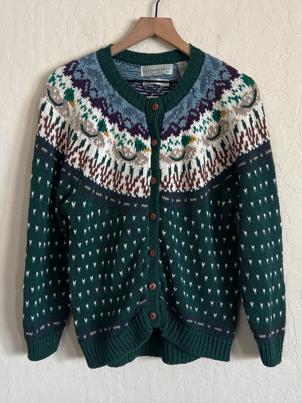 Vintage Northern Isles Hand Embroidered Duck Button Front Cardigan Sweater Med